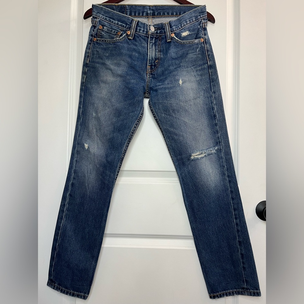 Levi’s 511 Slim Fit Jean, slightly distressed, medium dark blue, size 30 x 30